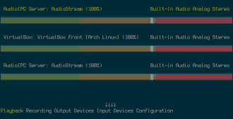 A screenshot of ncpamixer with the default theme