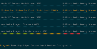 A screenshot of ncpamixer with my Solarized theme