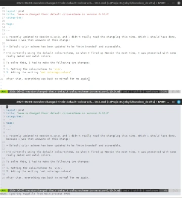 Two terminals with Neovim, showing of the old and new colours.