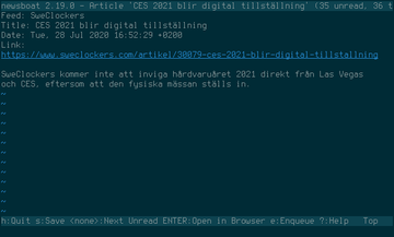A screenshot of Newsboat with an example feed