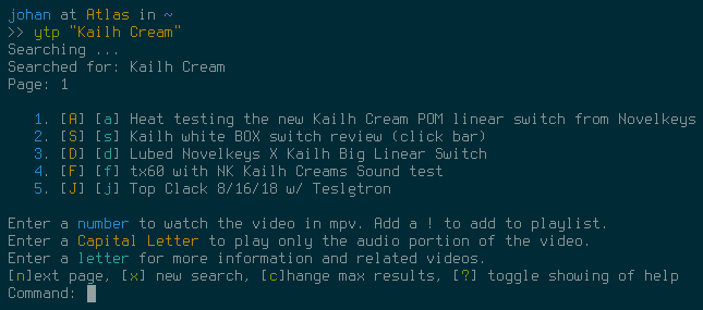 A screenshot of ytp in action - A super light command-line client for YouTube